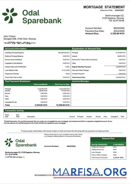 Downloadable Norway Odal Sparebank mortgage statement Word and PDF template